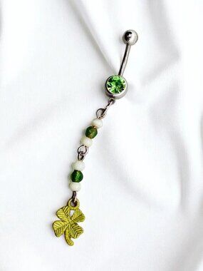 Four Leaf Clover with Green Gemstone Belly Button Ring Jewelry - 14 G